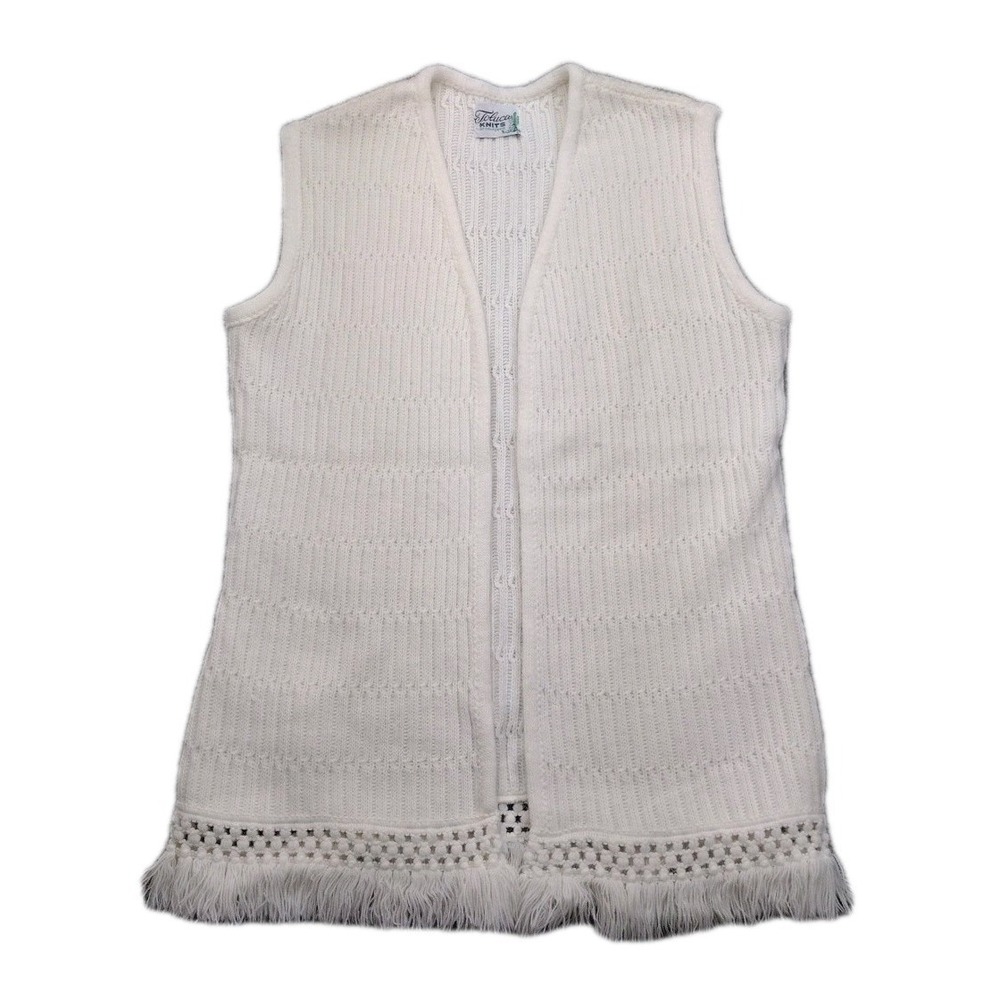 Toluca Knits Cardigan Sweater Women's Size M/L Ivory Sleeveless Open Boho 80's